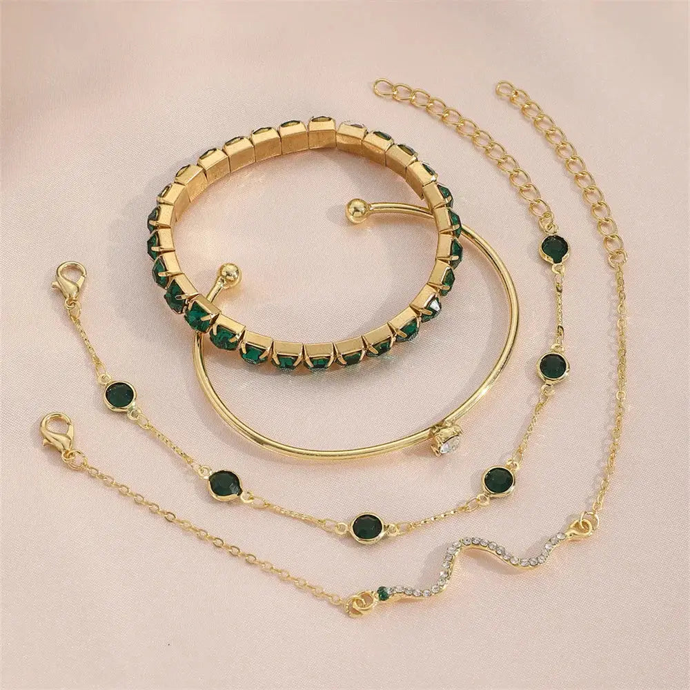 Set Of Four Snake Pattern Gemstone Bangles With Rhinestones Full Metal Bracelets For Women Birthday Party Gift