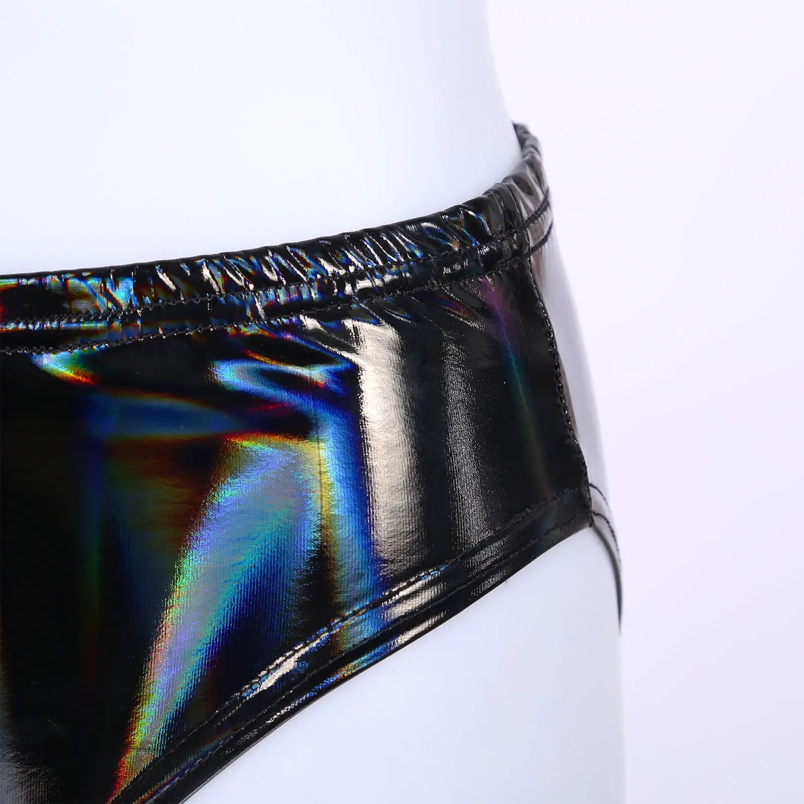 Womens black patent leather hot pants waistband, wet-look briefs