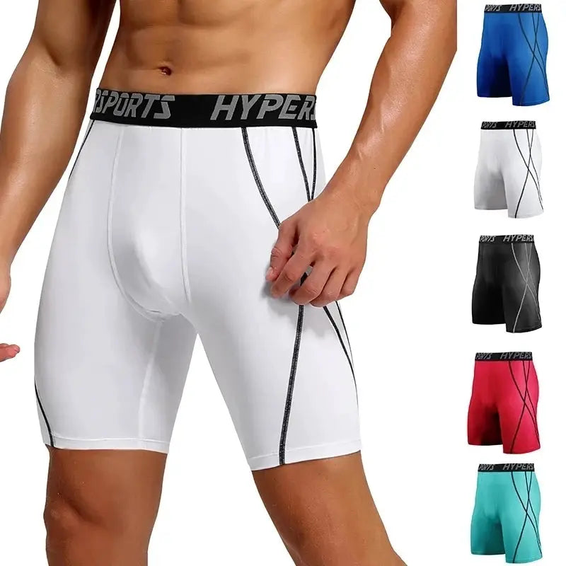 Men's compression shorts, white with black waistband; seam panels; color options blue, red, teal