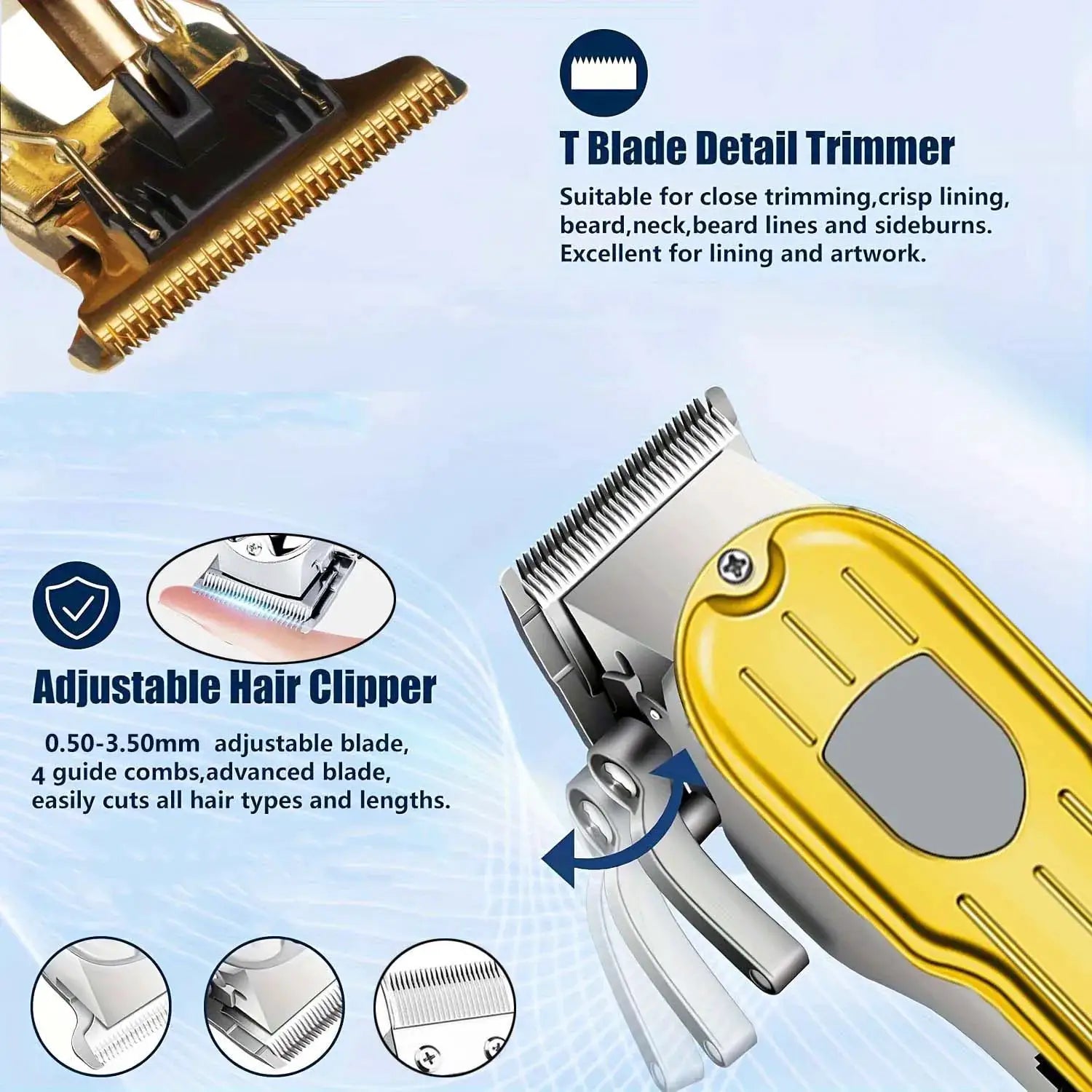 Simples Market professional hair clipper and trimmer set with gold and silver bodies and adjustable blade