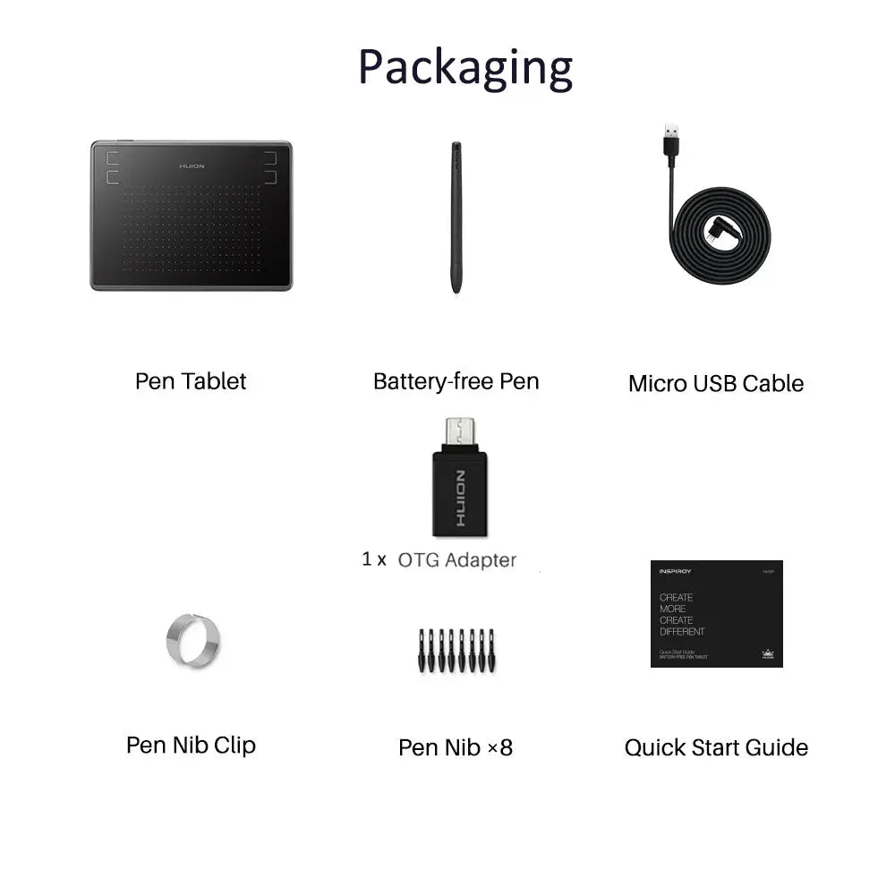 HUION H430P pen tablet packaging, 7 items incl battery-free pen, USB cable, OTG adapter, nibs