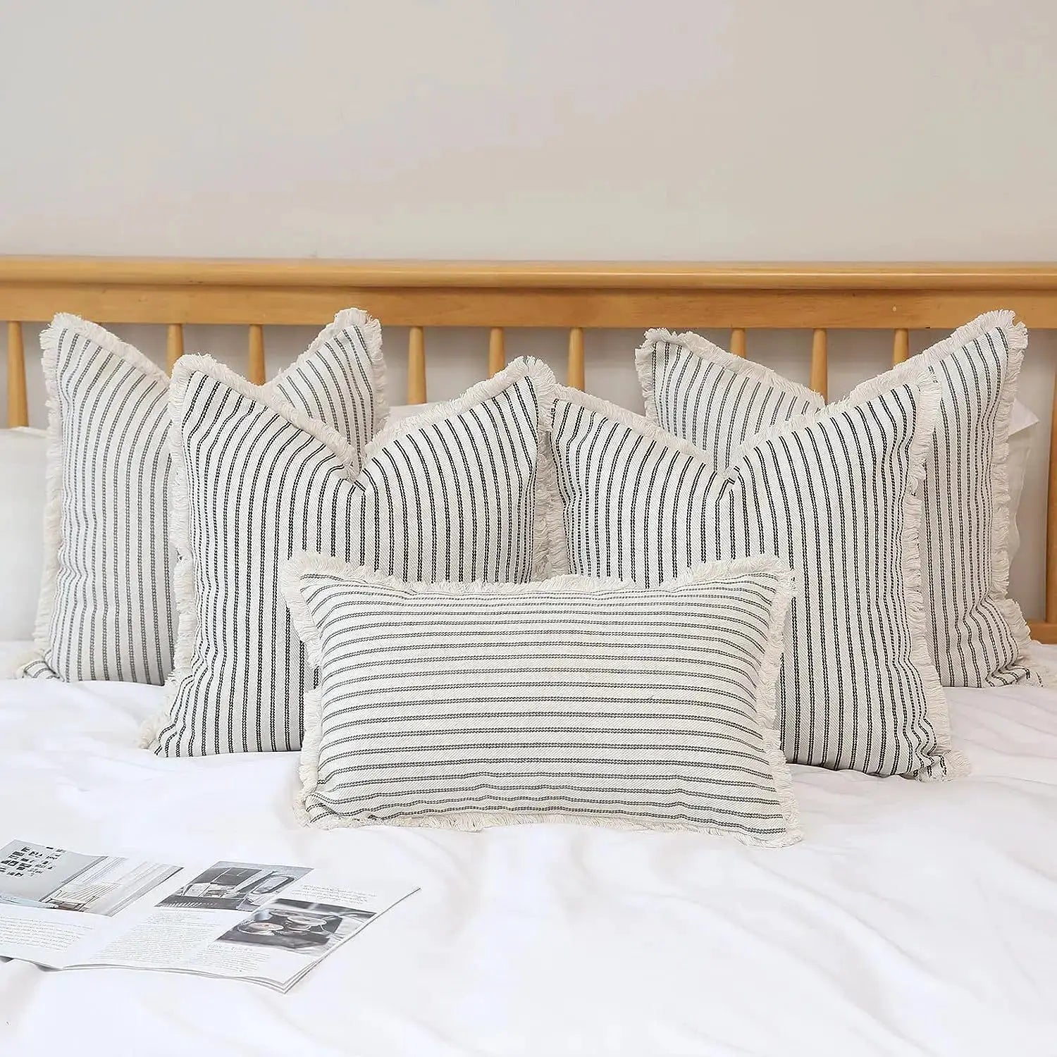 Wool striped cushion covers set of six with fringe edges; white fabric with black vertical stripes