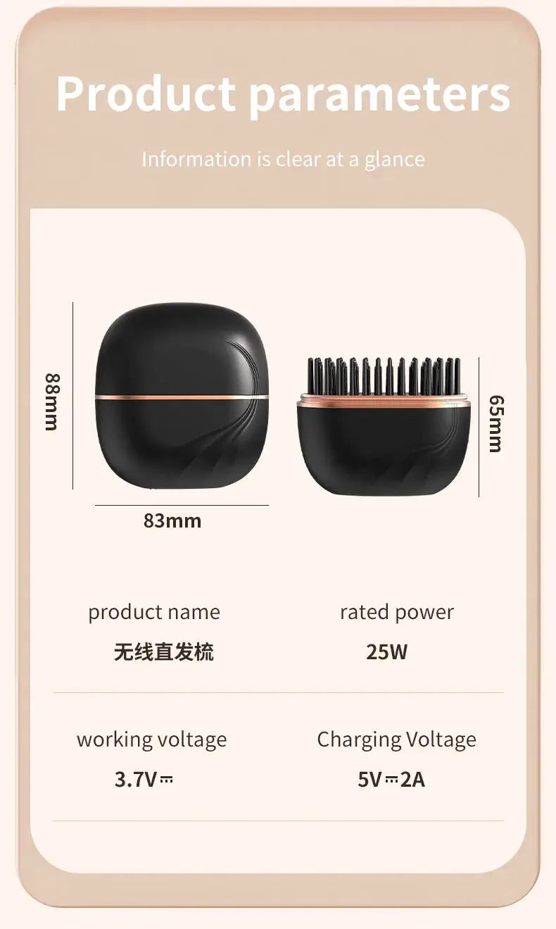 Mini cordless wireless hair straightener brush set with black case and brush, rose-gold trim