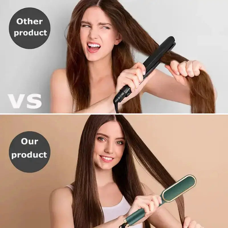 Electric PTC 3-in-1 hair straightening brush by Simples Market, green and gold styling tool