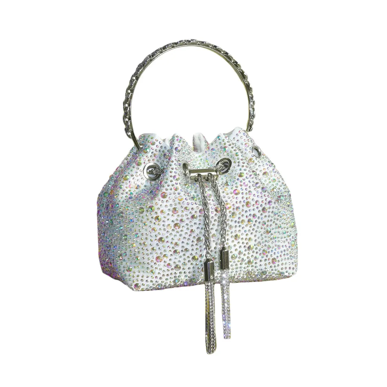 Simples Market white rhinestone bucket bag clutch with crystal studs, silver chain handle and decorative tassels