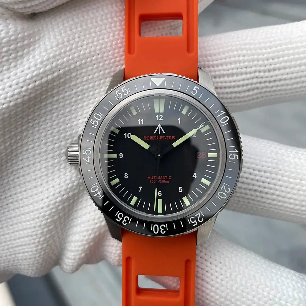 STEELFLIER SF783 NH35 dive watch with orange silicone strap, ceramic bezel, luminous markers, 200m water resistance.