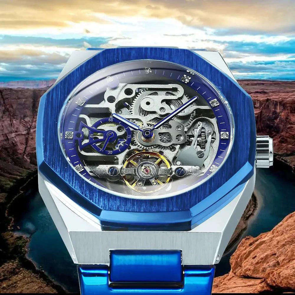 Forsining casual automatic skeleton watch for men with luminous blue hands and stainless steel strap