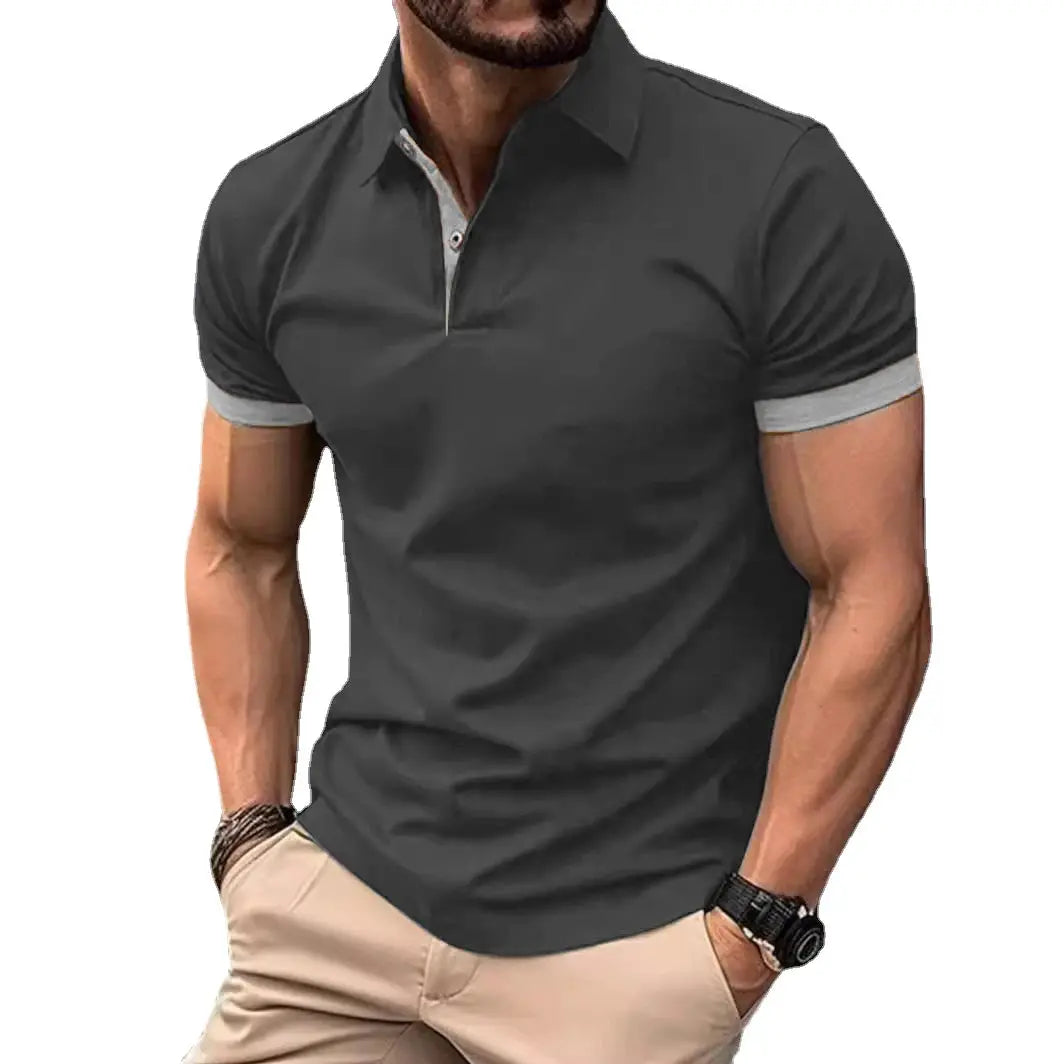 Simples Market men's polo shirt, dark charcoal short sleeves with light contrast placket and cuffs