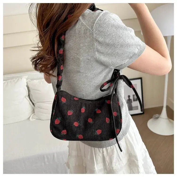 Women's corduroy underarm bag with strawberry print, black mini shoulder purse