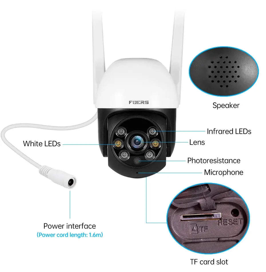 Fuers outdoor IP camera with dual antennas, white body, 8MP/4K, infrared LEDs, lens, mic, TF card slot