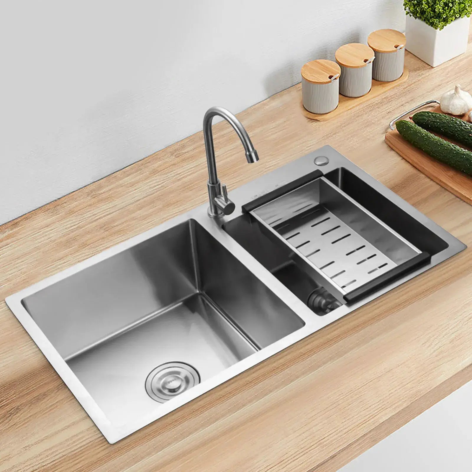 Stainless steel double-bowl drop-in kitchen sink with noise-reducing design, draining rack and modern faucet