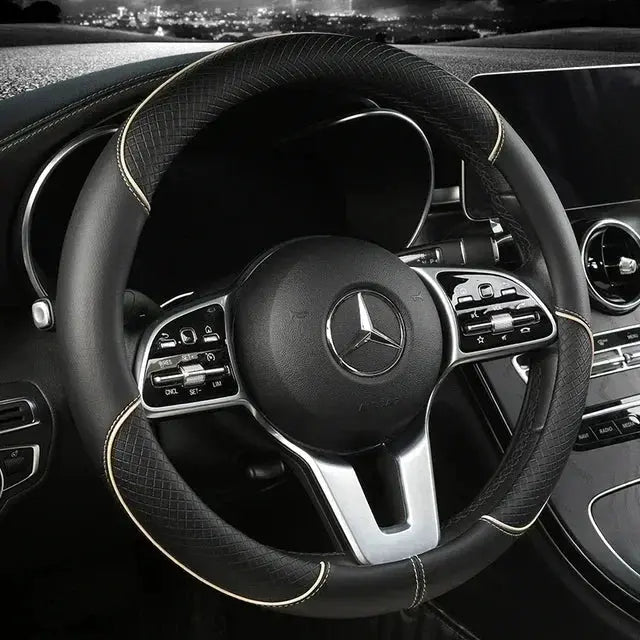 Steering wheel cover in black microfiber leather with beige stitching, 38cm, non-slip, fits Mercedes wheel