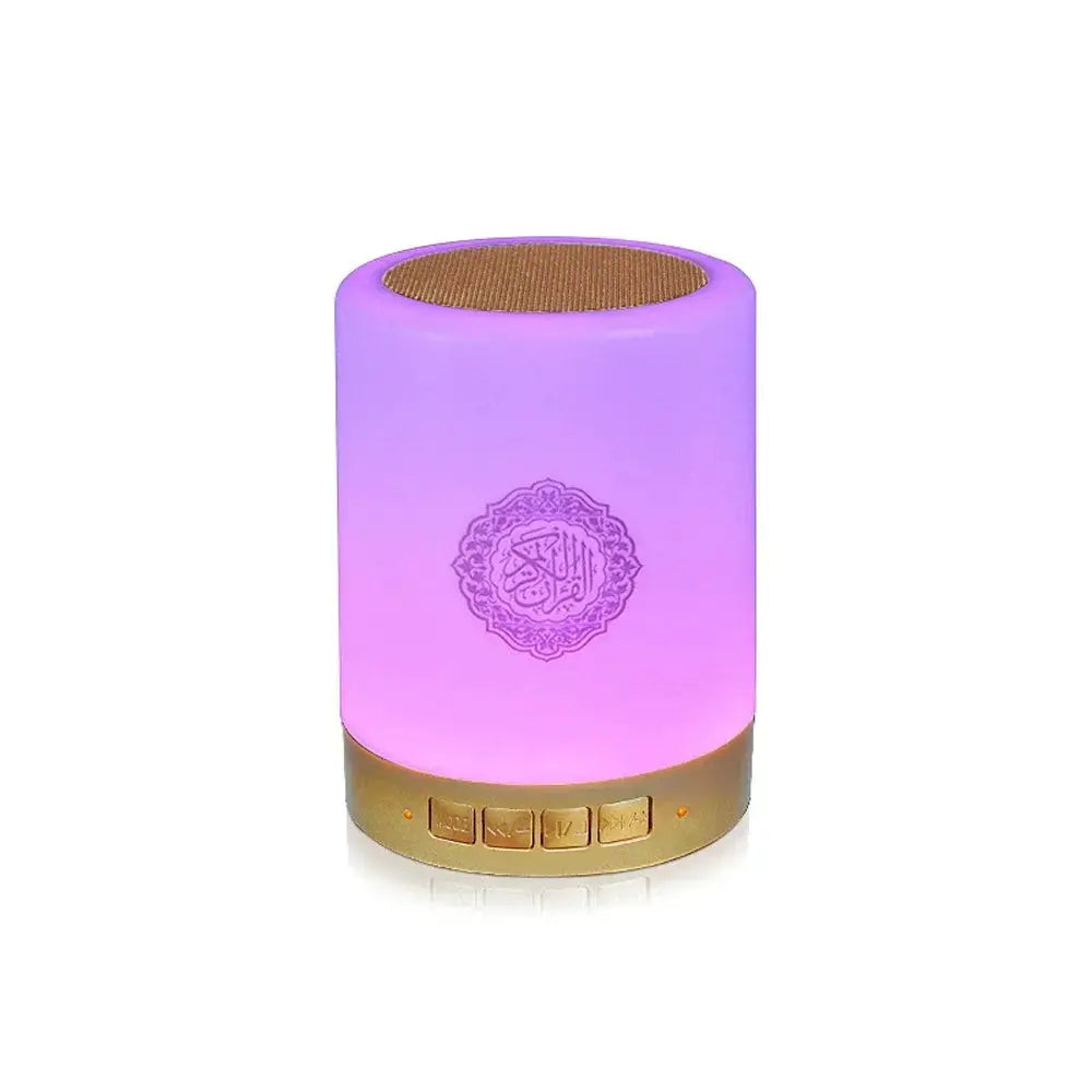 Portable multifunctional sound machine with LED night light, purple glow and gold base, Bluetooth speaker