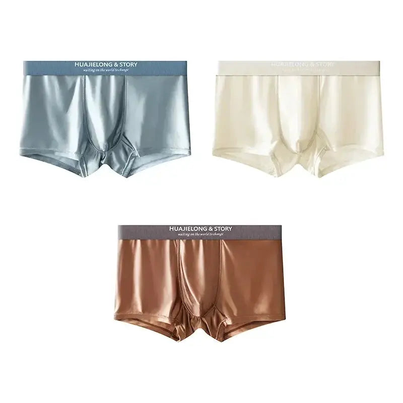 3-pack men's satin-like boxers in blue, beige and bronze with branded waistband HUAJIELONG & STORY