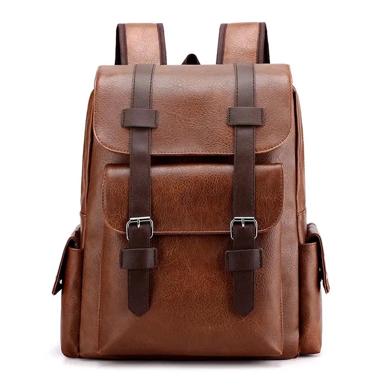 Simples Market brown PU leather backpack; large laptop backpack with buckle straps and front/side pockets.