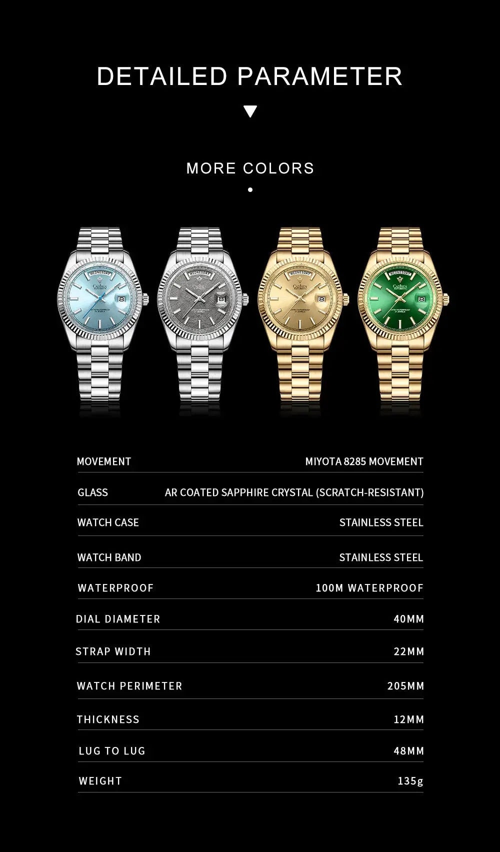 CADISEN DD40 men’s luxury automatic watches with stainless steel bands in silver, gray, gold, and green-dial variants