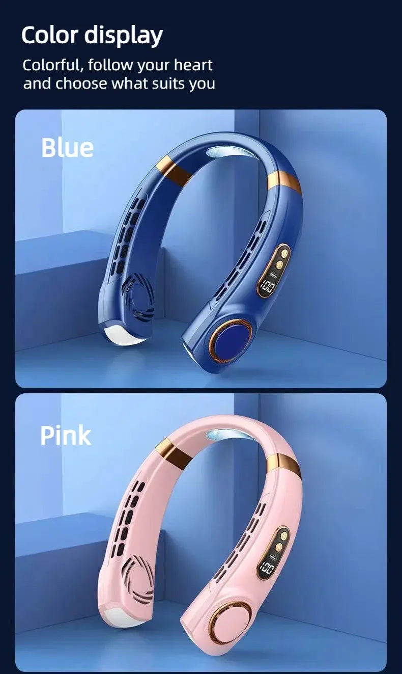 Simples Market JKUOO bladeless portable neck fan with LED display, USB rechargeable; blue and pink variants