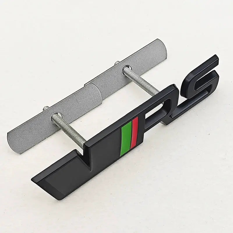 3D metal RS badge emblem for Skoda car grille, black with green and red stripe and mounting bolts