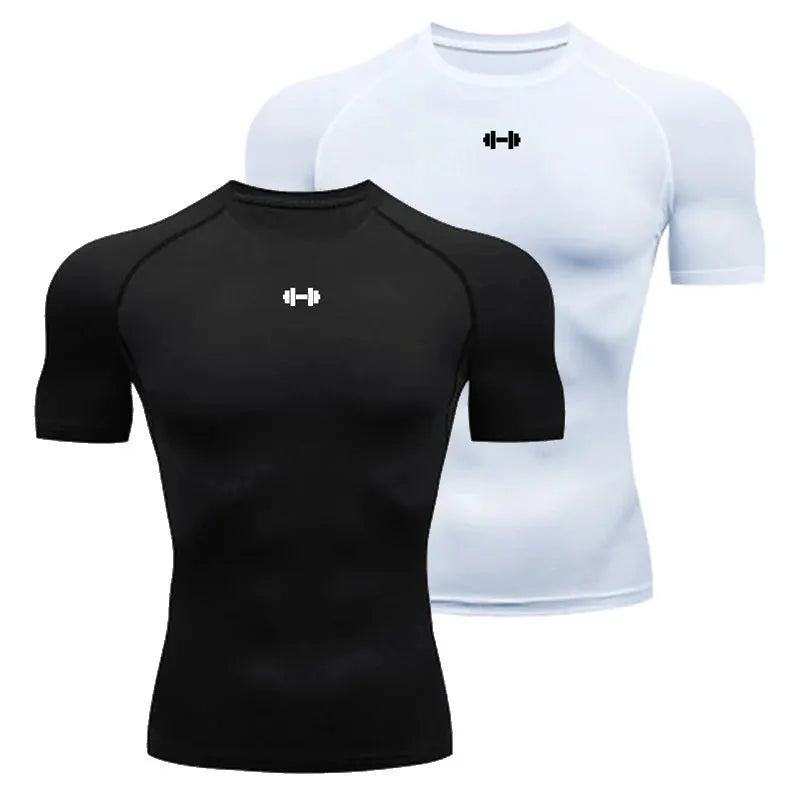 Compression T-shirt for men; black and white quick-dry gym tops, elastic athletic tees (2-pack) by Simples Market