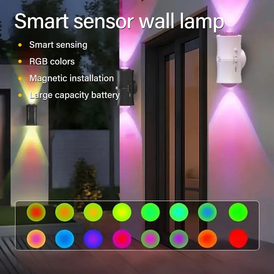 Simples Market motion sensor LED wall light, dual-head RGB LEDs with magnetic installation and rechargeable battery.