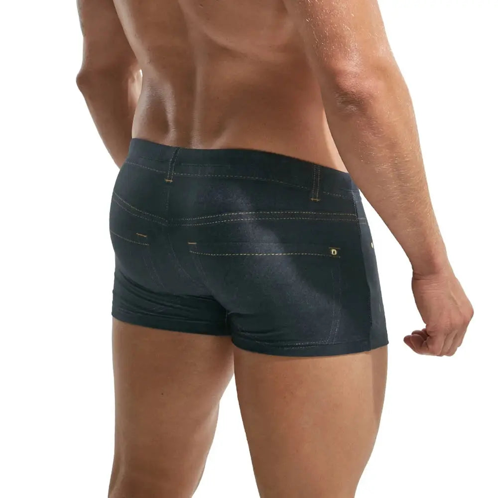 Men's 2XL denim-print board shorts navy with yellow stitching, back view