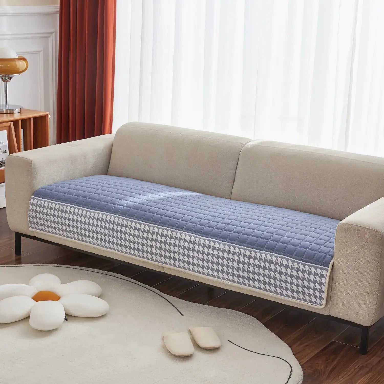 Sofa cushion slipcover: blue quilted top with houndstooth sides, anti-slip fit