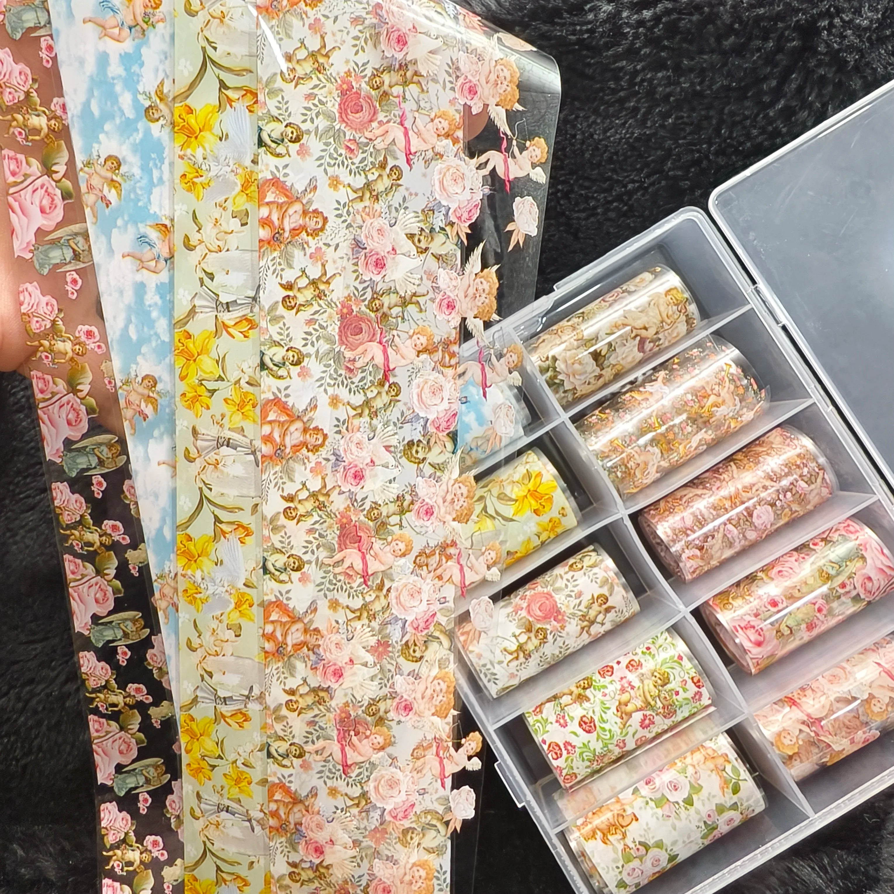 Simples Market 10-roll nail foil sticker set with floral and cherub angel motifs in pastel colors