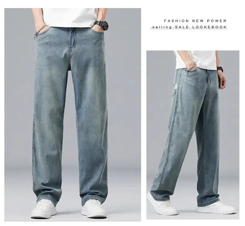 Simples Market men's lyocell jeans, light-blue loose straight denim pants with soft drape