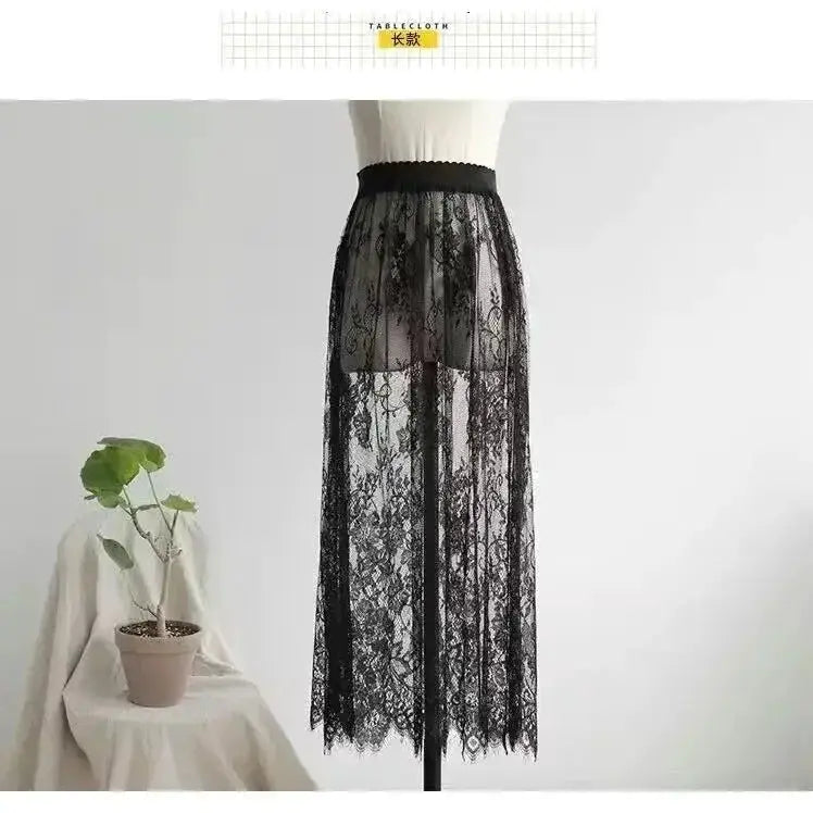 Women's black lace half slip with high waist and sheer floral overlay