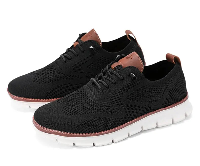 Simples Market men's black mesh sneakers with brown heel tabs and white sole