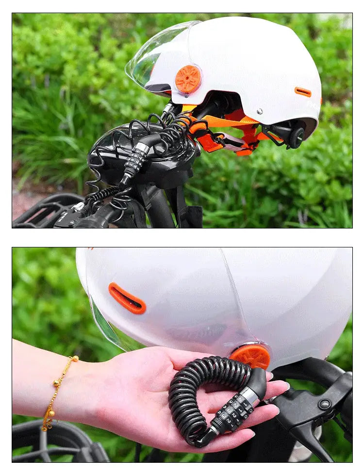 Helmet lock with coiled steel cable and numeric combination; white helmet with orange accents on bike handlebar