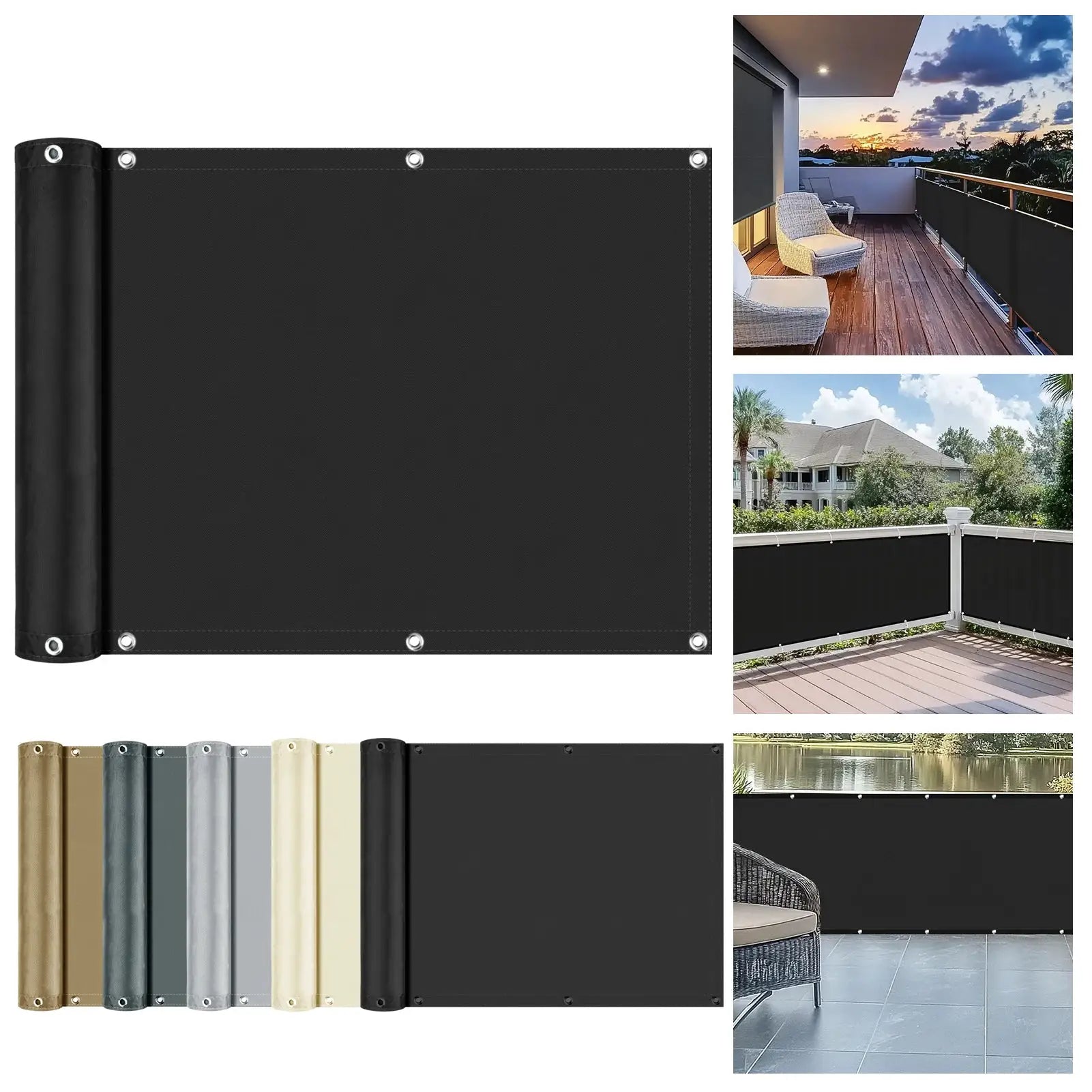 Waterproof sun shade cloth by Simples Market, outdoor patio panel in black with metal grommets and UV protection