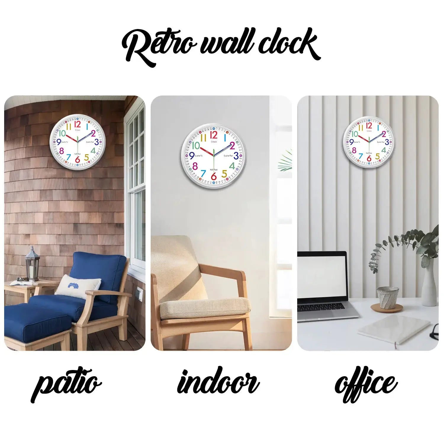 8-inch minimalist plastic wall clock with white dial and colorful numerals, shown in patio, indoor, office