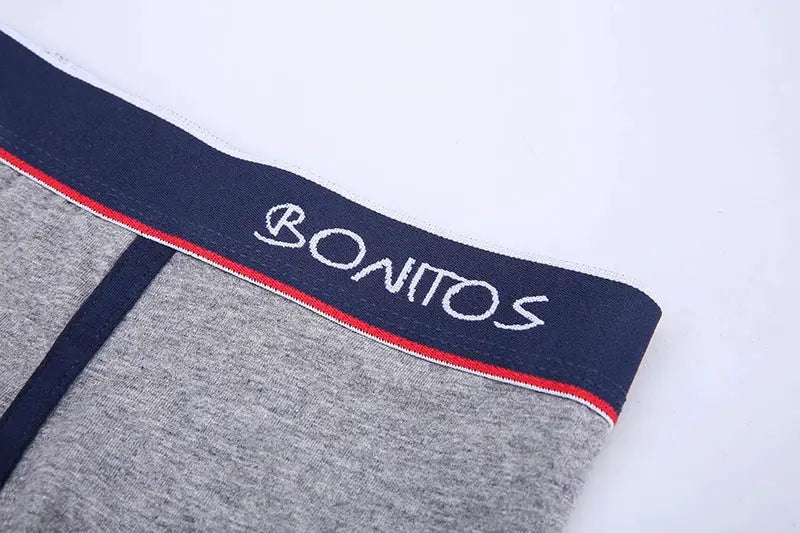 Men's boxer shorts, 4-pack gray cotton with navy waistband and red trim, Bonitos logo