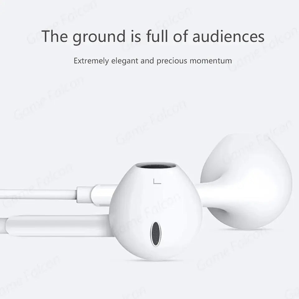 White wired in-ear headphones with L marker and mesh grille