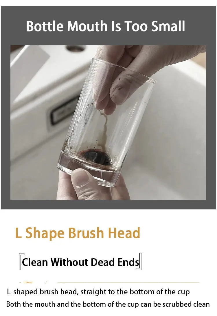 Wooden bottle cleaning brush with long handle and L-shaped head for narrow glass bottles
