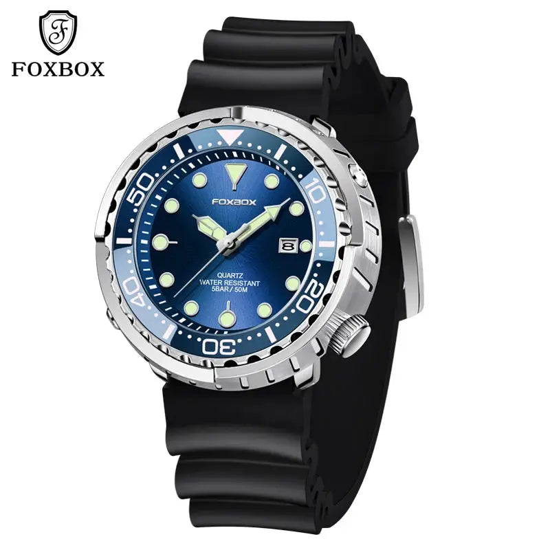 FOXBOX men's quartz sport watch with blue dial and steel bezel.