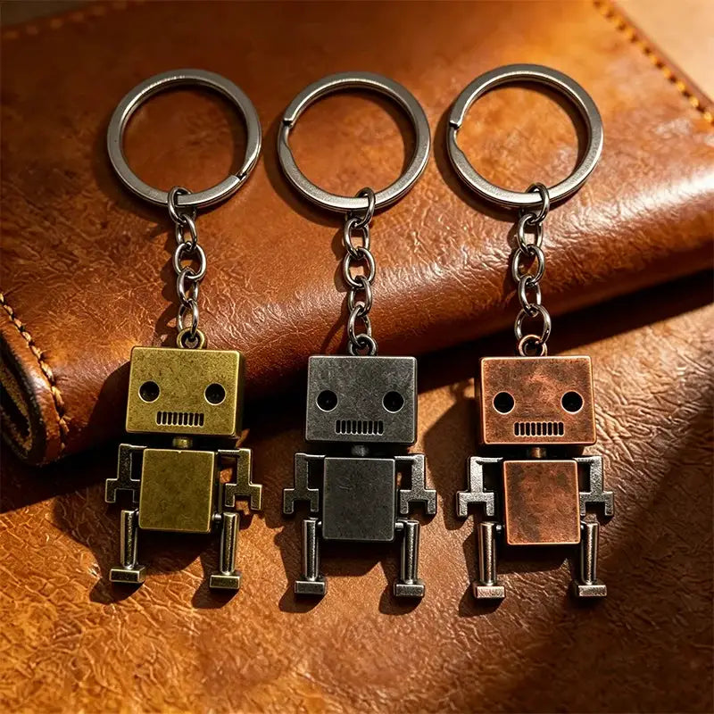 Retro movable robot keychains; three metal figures in gold-tone, silver-tone and copper-tone finishes.