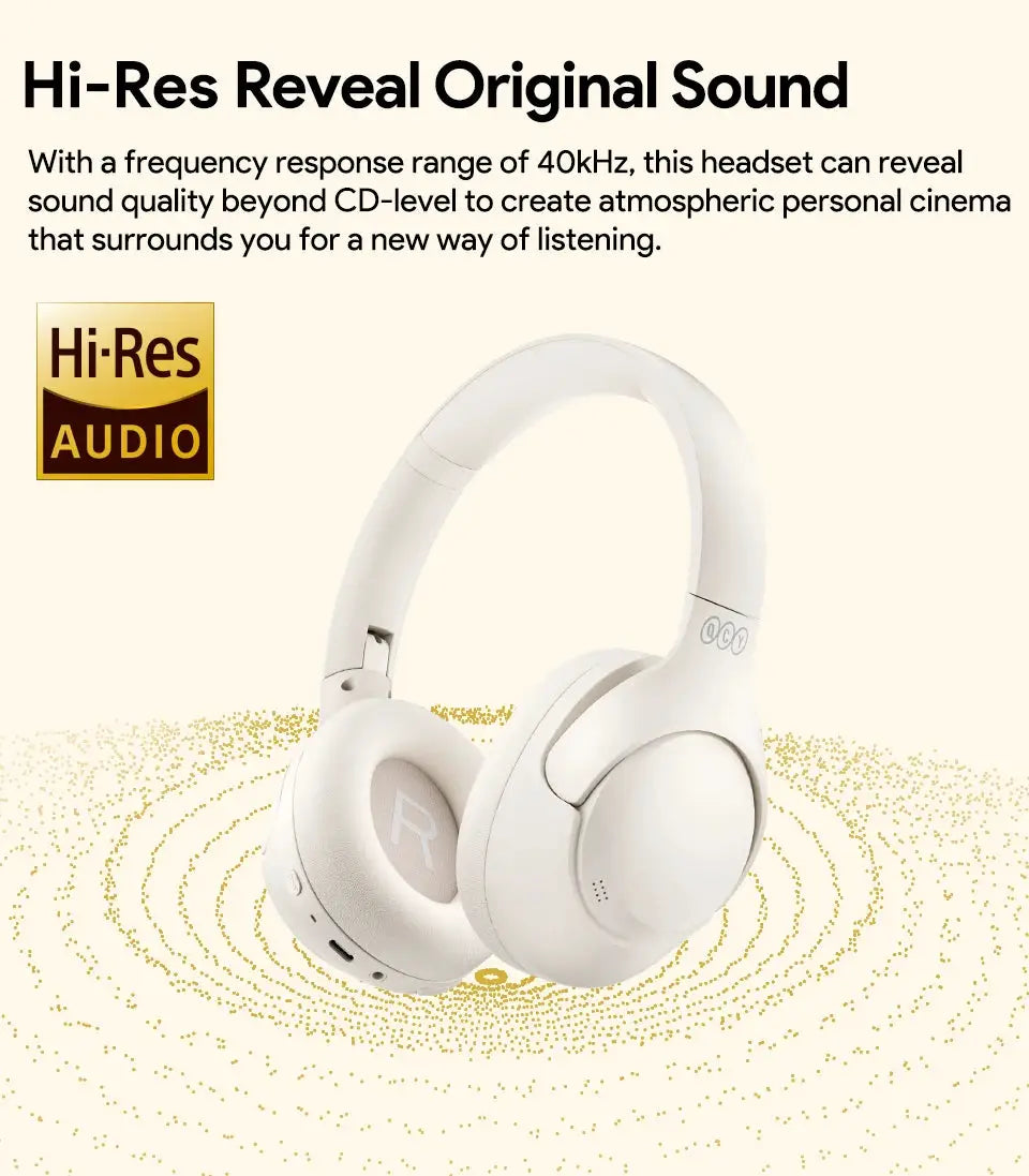 QCY H3 ANC wireless over-ear headphones, white with Hi-Res Audio logo.
