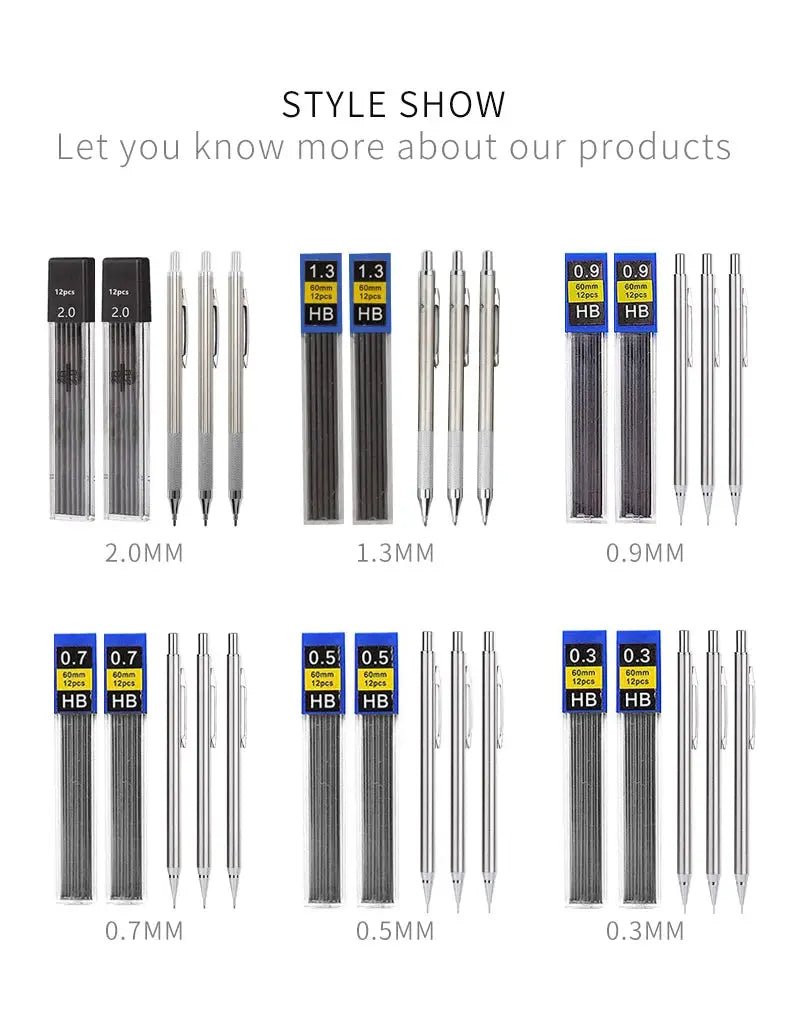Mechanical pencil set by Simples Market; full metal pencils in 0.3–2.0mm, six size bundles with HB leads