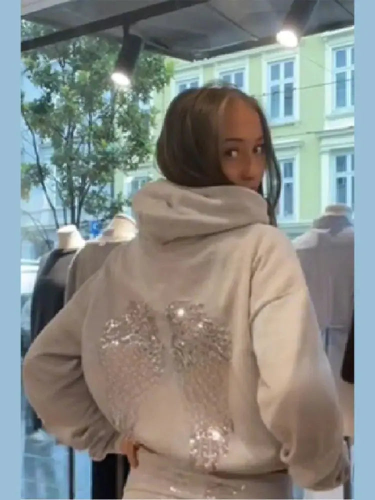 GlamAura Shinny Sequin Angel Wings Hooded Jacket Loose Casual Pullover With Dazzling Embellishments