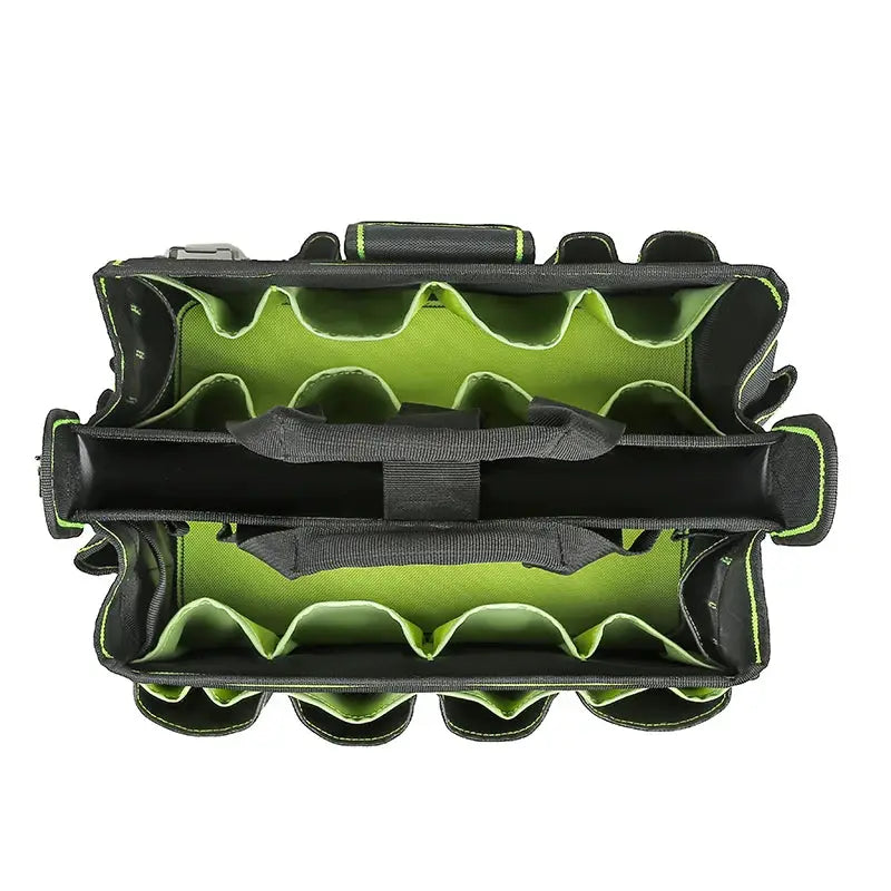 40-pocket tool tote organizer by Simples Market; black bag with neon-green interior pockets.