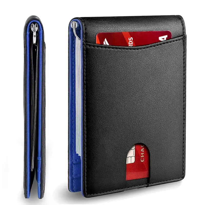 Slim black synthetic leather wallet for men with blue interior, front card slot and RFID blocking
