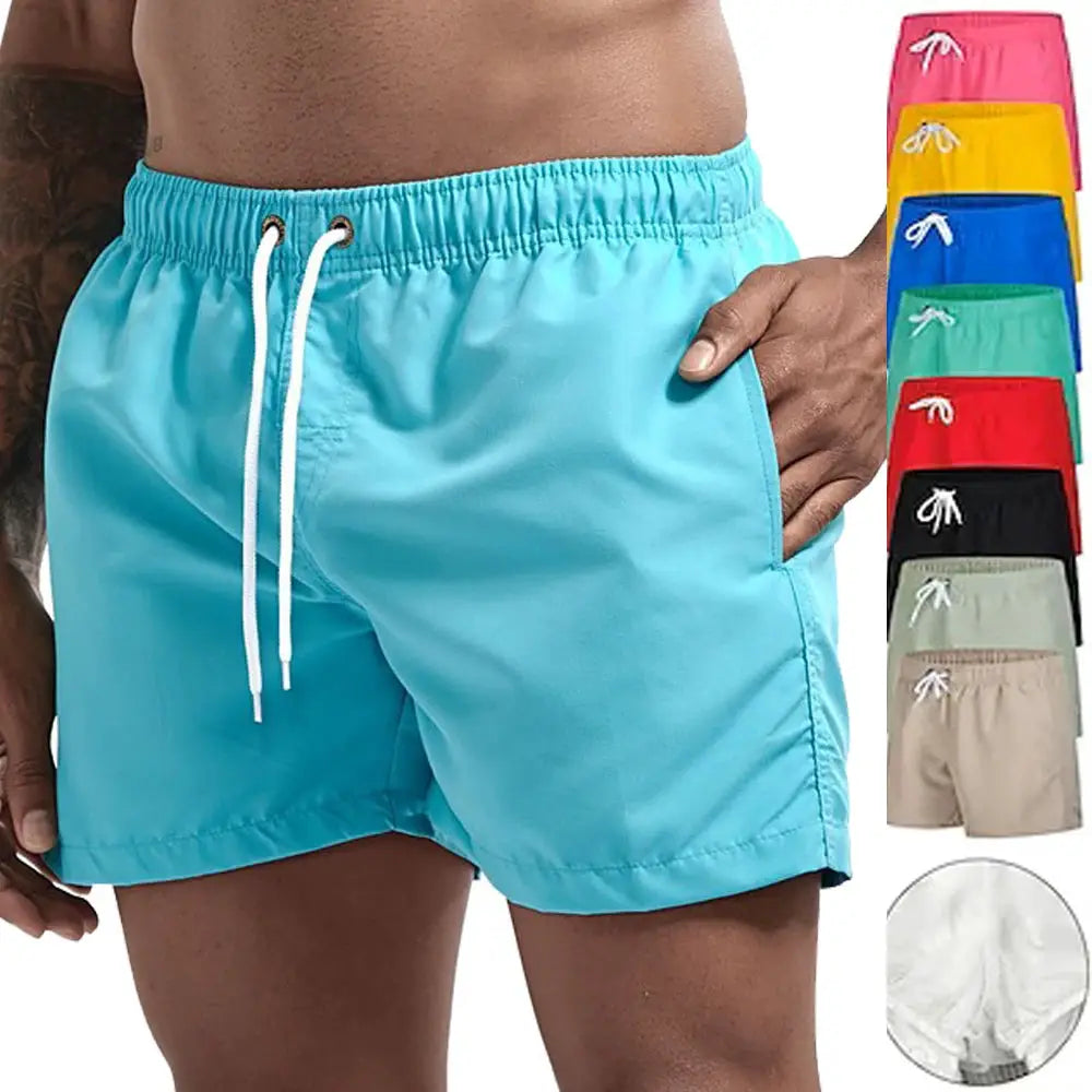 Men's quick-dry swim trunks with drawstring and pockets, turquoise; shown with 9 color options.