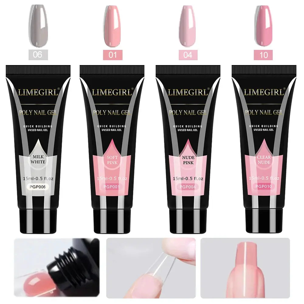 LIMEGIRL poly nail gel kit with four 15ml tubes in Milk White, Soft Pink, Nude Pink, Clear Nude