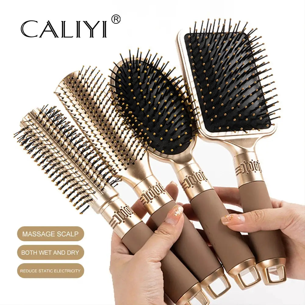 4-piece CALIYI hair massage air-cushion comb brush set with bronze metal and brown handles by Simples Market