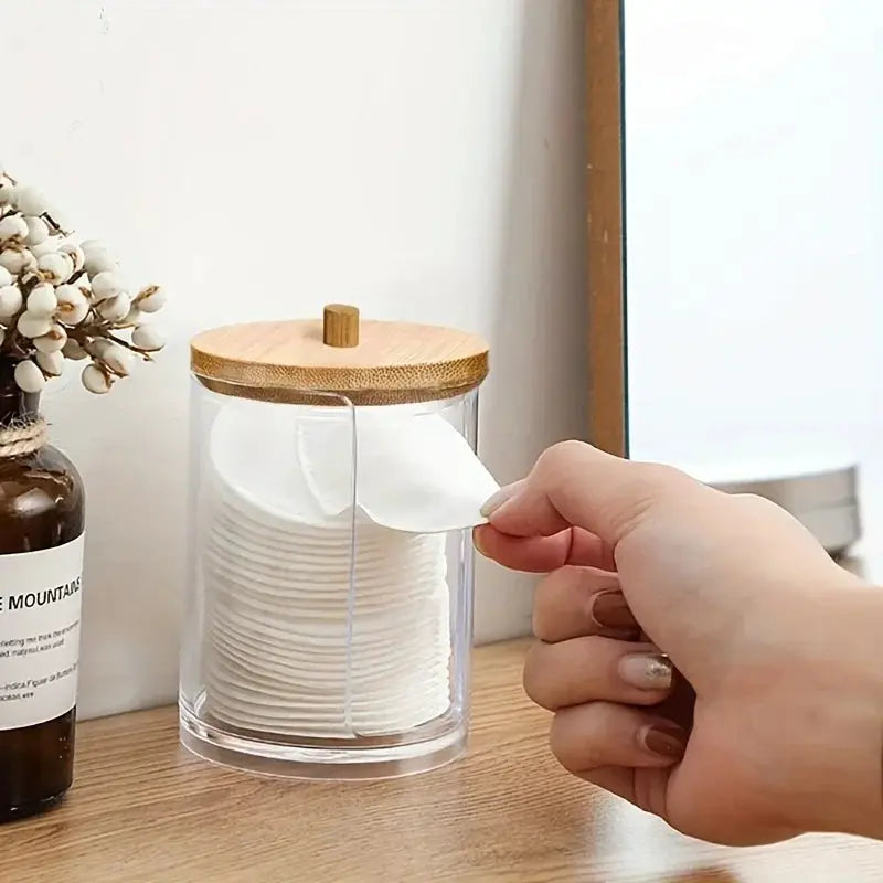 LuminaCosmetics Round Clear Acrylic Makeup Organizer For Cotton Pads And Swabs Storage And Easy Access