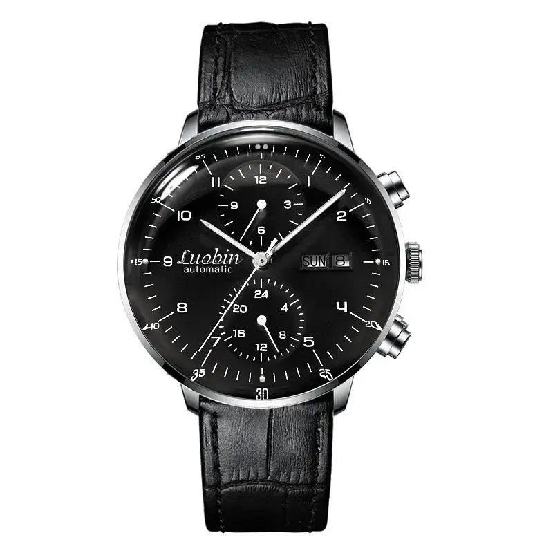 Men's automatic wristwatch by Luobin with stainless steel case, black dial and leather strap.