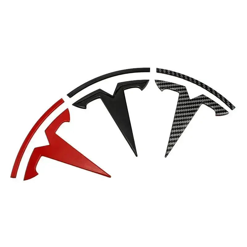 Tesla hood emblem sticker set, 5-piece zinc alloy kit with red, black and carbon-fiber finishes for Model 3/Y