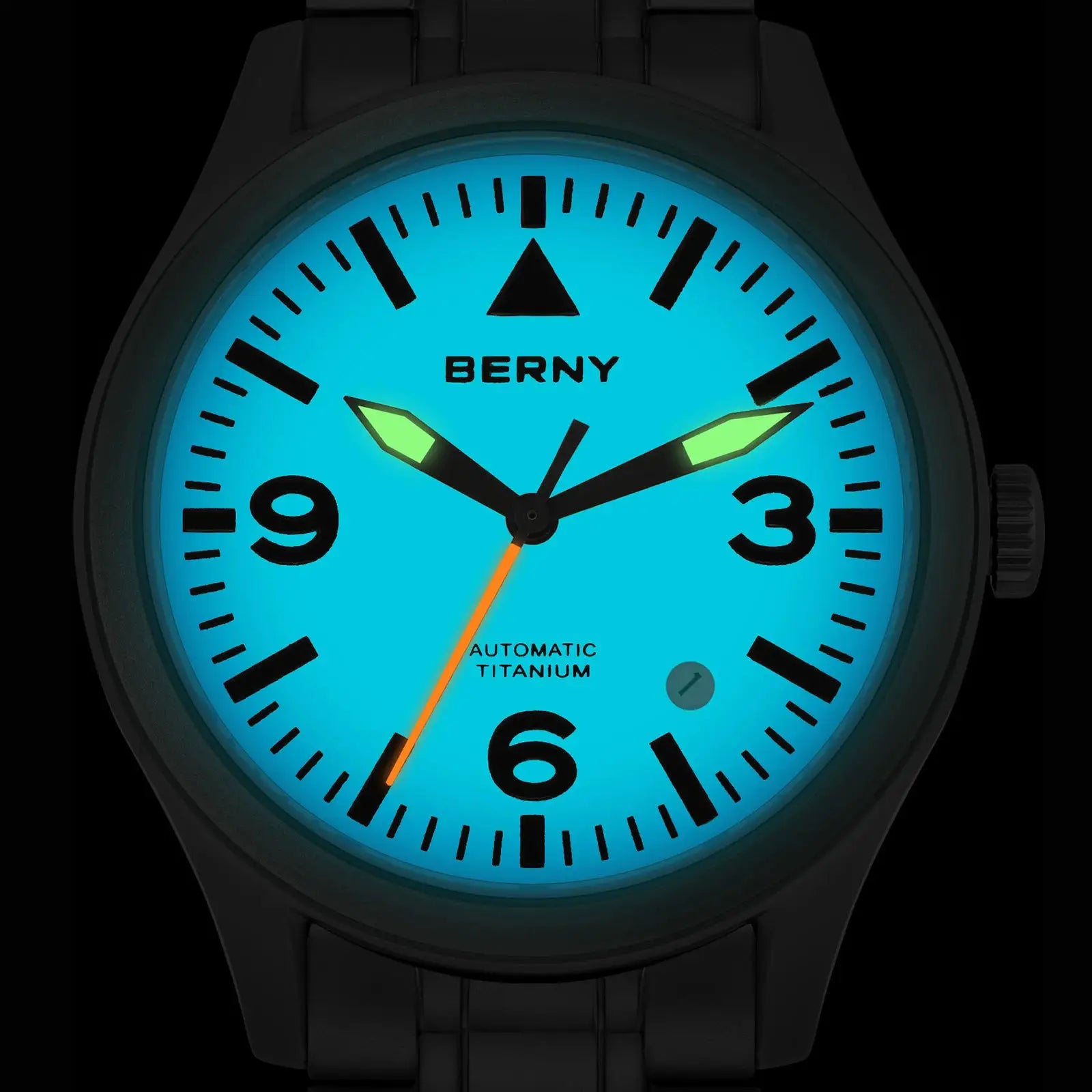 BERNY aviation titanium watch with blue luminous dial, black case and orange second hand